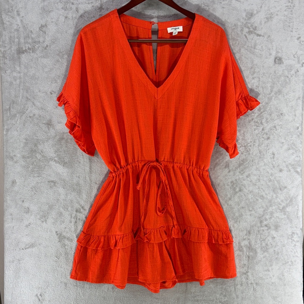 Umgee Orange Linen Blend V Neck Ruffled Romper Size M